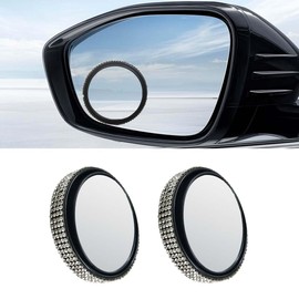 2PCS Bling Round Car Blind Spot Mirrors, 2'' Crystal Diamond Adjustable 360° Wide Angle Car Side Rear View Mirror, HD Glass Convex Mirror with Frame for Cars, Trucks, SUVs (White)