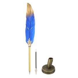 PATIKIL Feather Pen Quill, Feather Ballpoint Pen Bulk Refined Vintage Feather Calligraphy Pen with Bronze Pen Holder for Guest Signature Wedding Bridal Office Writing, Dark Blue