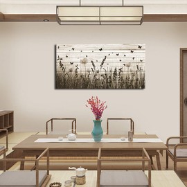 Wildflower Wall Art Autumn Canvas Picture Butterfly Grass Dandelion Artwork Vintage Wooden Board Painting Prints for Bedroom Living Room Office Home Kitchen Wall Decor Framed Ready to Hang 20" x 40"