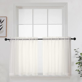 OWENIE Short Sheer Curtains 24 Inches Long 2 Panels for Bathroom Window, Rod Pocket Light Filtering Sheer Tier Curtains for Small Kitchen Laundry Room, RV, Camper Travel Trailers, 42 W x 24 L, Ivory