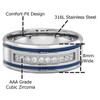 Mens Wedding Bands Stainless Steel CZ 8mm Blue Stripes Engagement