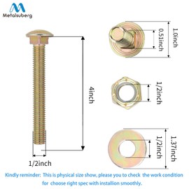 1/2" x 4" Carriage Bolt of Square Neck with Nylon Lock nut and Large Size Washer Assortment Kit by Color Galvanization,Carbon Steel,Grade 2.(8pcs Pack) by Metalsuberg