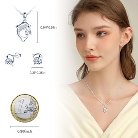 MICMIF Zirconia Dolphin Jewellery Set Silver 925 for Women Girls: Dolphin Stud Earrings and Chain with Dolphin Pendant - Ocean Theme Jewellery for Girlfriend Wife Mother, Sterling Silver Gemstone,