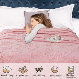Peopleareok Pink Fleece Blanket Full Size for Couch or Bed, 3D Butterfly Jacquard Decorative Blankets, Cozy Soft Lightweight Fuzzy Flannel Blanket Suitable for All Seasons(80"×90",Pink)