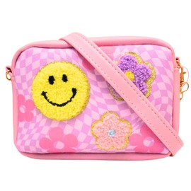 Hot Focus Crossbody Bag for Girls Purse with Removable Strap and Chain - Small One Shoulder Messenger Bag for Kids – Pink with Smiley Face and Flowers