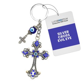 LUCKBOOSTIUM Evil Eye Car Hanging Ornament & Keychain Silver Cross w/Blue Crystal Rhinestones & Blue White Black Resin Sign of Good Luck & Blessing, Cute Charm for Home Keys, Office, Bag, Good Luck