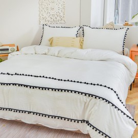 Herside White Duvet Cover Set Double 200x200cm Boho Bedding All Black Pom Poms Fringed Design Soft Microfibre Shabby Chic Bedding Sets with 2 Pillowcases (White Black,Double)