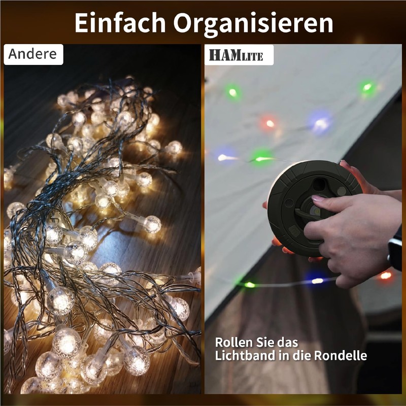 HAMLITE HAMLITE Camping Lichterkette Aufrollbar, 3-in-1 Usb Wasserdichte Tragbare LED