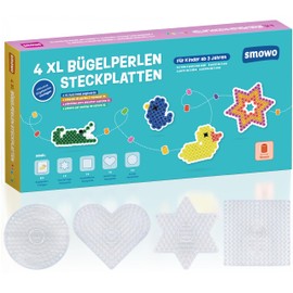 Smowo® 10 mm Ironing Beads Plates in Many Shapes - Set of 4 Pegboards and Templates - Round, Star, Square, Heart - Large Pin Plates for Children from 3 Years