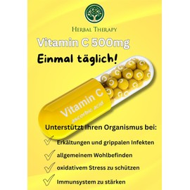 Vitamin C, 500 mg High Dosage, Supports Immune System, Against Daily Fatigue, Orange Flavour, 60 Tablets - Vegan, Gluten Free, Lactose Free - HERBAL THERAPY