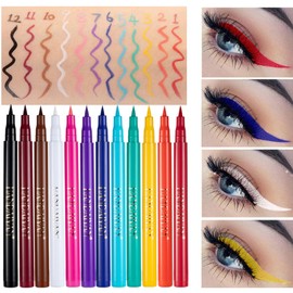 12 Colors Matte Liquid Eyeliner Set, Rainbow Colorful Neon Eyeliner Pencil Waterproof Long Lasting Matte Colorful Eyeliner Milti-Functional Eyeliner Eyeshadow Highlight Pen Christmas Gifts for Women