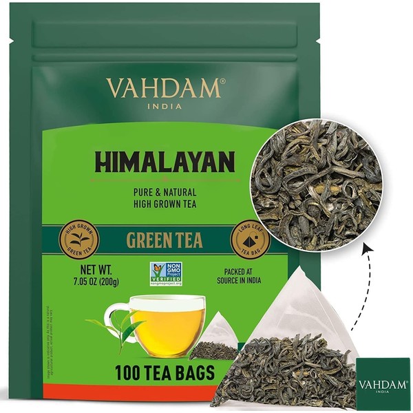 VAHDAM, Green Tea Leaves From Himalayas (100 Green Tea Bags) Non GMO, Gluten Free, High Grown | Whole Loose-Leaf Tea Bags | Resealable Ziplock Pouch
