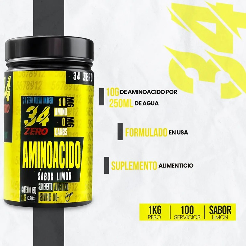 34 Zero Aminoácidos Bcaas Polvo 1kg Sabores 100 Servicios