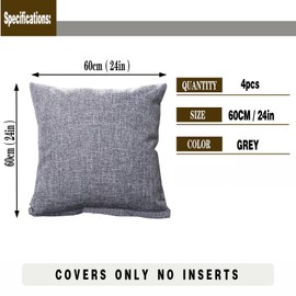 GONOVE Cushion Covers 60×60cm Solid Soft Cotton Linen Throw Pillow Cover Set of 4 Decorative Plain Pillowcase Square Cushion Cover for Home Sofa Bed Chair Décor, Grey