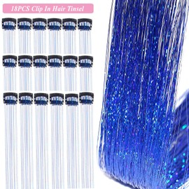 ZYXQZYX Hair Tinsel Kit Pack of 18 Pcs Hair Tinsel Clip in 19.6Inch Glitter Tinsel Hair Extensions Heat Resistant Clip in Hair Tinsel Sparkle Fairy Hair Accessories for Kids Girls Women (Blue)