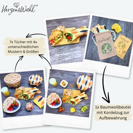 HerzensWahl Beeswax Cloths Set of 7 Including Organic Cotton Bag for Storage + Beeswax Block | Organic Beeswax Wax Paper | Zero Waste Oilcloth for Food | Bees Wrap Beeswax