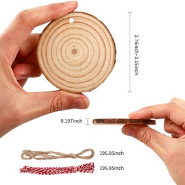 Pack of 40 Wooden Discs 7-8 cm, Round Wooden Discs for Crafts with Two Cotton Cords, Wooden Disc with Holes, Tree Discs Unfinished, for DIY, Crafts, Weddings, Holiday Decorations