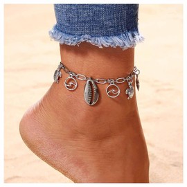 Cimenexe Bohemian Shell Paper Clip Chain Anklet Silver Cowrie Shell Wave Ankle Bracelet Punk Shell Ankle Chain Bracelet Water Wave Dangle Ankle Chain Jewellery for Women and Girls, Zinc, No gemstone