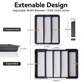 Silverware Drawer Organizer, Expandable Drawer Organizers, BPA Free Flatware and Cutlery Tray, Adjustable Plastic Storage with Anti-Slip Linner inside for Spoons Forks Knives with 2 Knife Guards, Grey