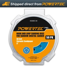 POWERTEC 5-Inch Hook and Loop Sanding Disc, 60 Grit Ceramic Sandpaper, 50 PK
