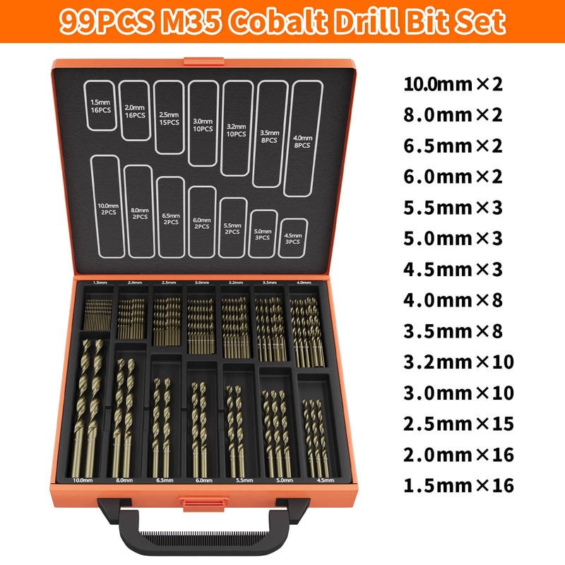 ENERTWIST Cobalt Drill Bit Set, 99Pcs HSS Twist Jobber Drill