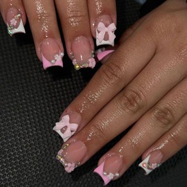 Spring Press on Nails Square Short Fake Nails with 3D Flower Rhinestones Bow Designs Pink White French Nails Press ons Glossy Glue on Nails Nude Acrylic Nails Glitter Stick on Nails for Women 24Pcs