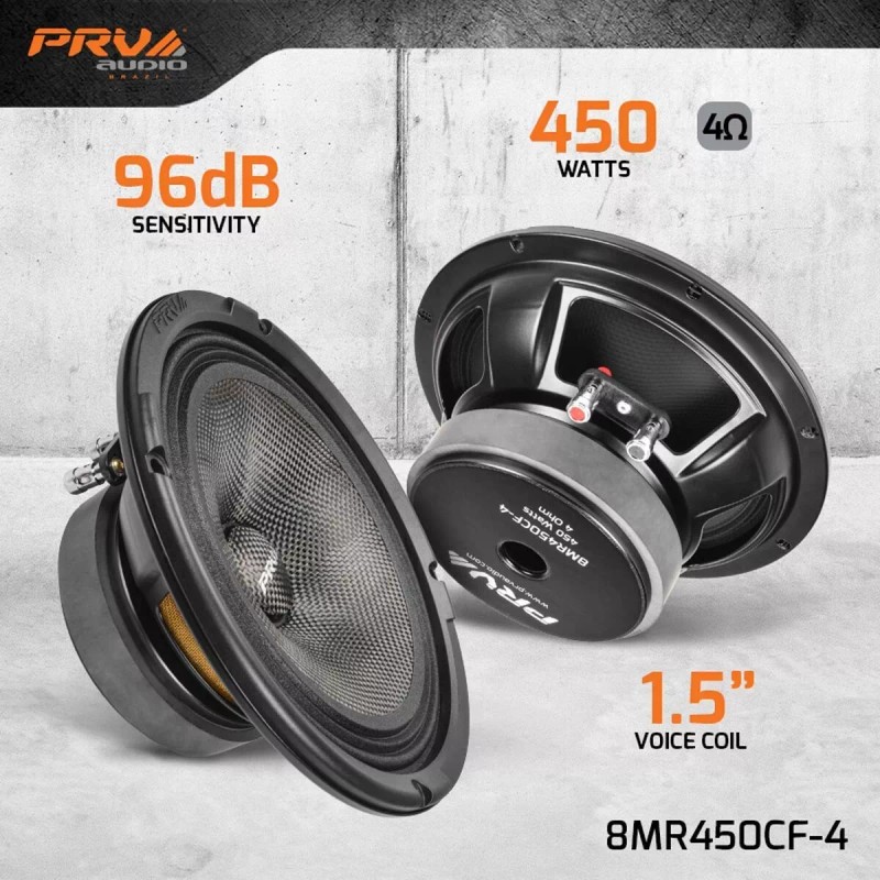 PRV 8" Midrange Water Resistant Speaker 8MR450CF-4 Carbon Fiber 450W