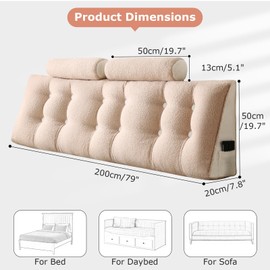 Lucky Monet Headboard Wedge Pillow King 79x8x20 inches with 2 Neck Roll Pillows, Backrest Bolster Triangular Headboard Pillow, Soft and Supportive Bed Wedge Pillow for Sitting and Sleeping, Beige