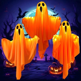 Decoraciones Colgante de Fantasmas de Halloween,3 Piezas Fantasmas Colgantes de Halloween con Luces LED,Fantasmas Colgantes de decoracion para Exterior e Interior ﻿ (Luz cálida 3pc - fantasma)