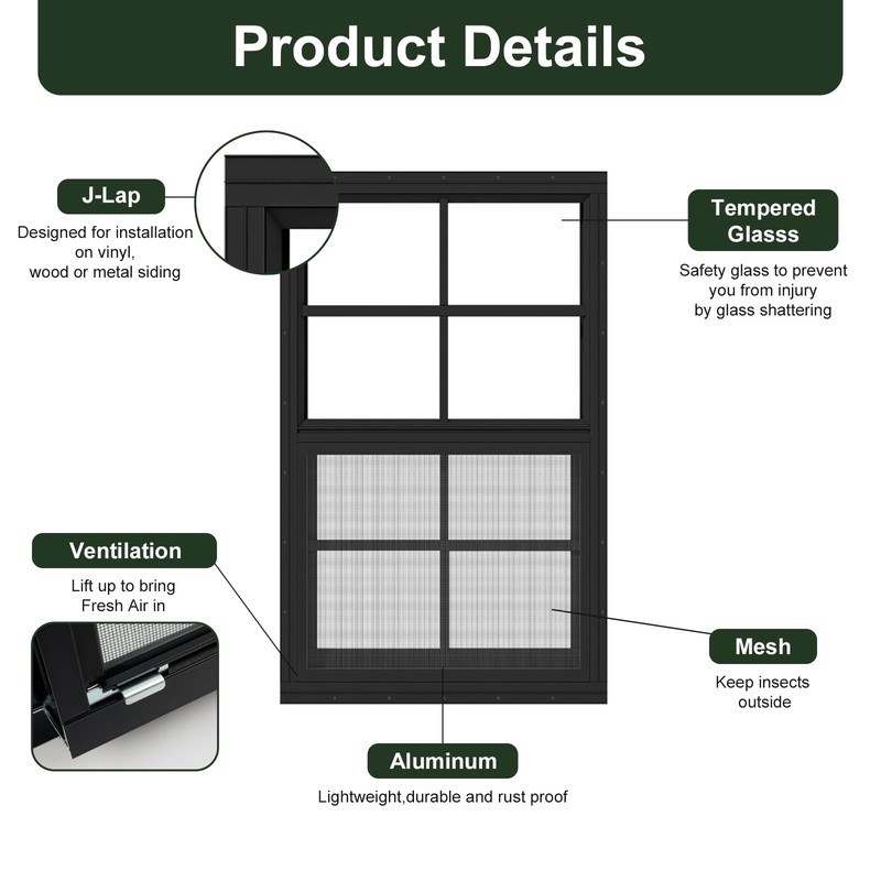 1 Pack Black Shed Window 14" x 21" Flush Mount