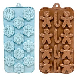 Set of 2 Holiday Christmas Shaped Silicone Ice Cube Soap Making Trays/Molds - Gingerbread Men/Candy Canes & Snowflakes