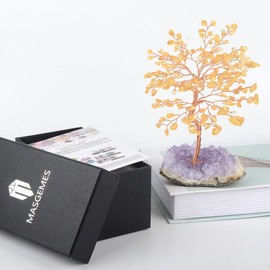MASGEMES Chakra Gemstone Crystal Tree, Natural Citrine Tree Row Amethyst Cluster Base,Yellow Crystal Feng Shui Bonsai Money Tree Home Decor for Luck and Wealth 5.5"-6.3"