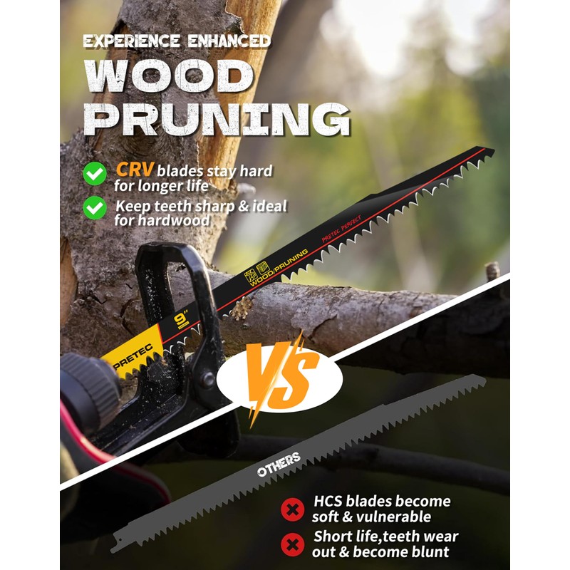PRETEC Wood Pruning Reciprocating Saw Blades, 9 Inch Pruning Blades