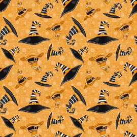 Henry Glass Nights of Olde Salem Glow Black Hats Orange Fabric By The Yard