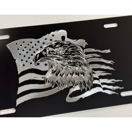 DEEP Engraved US USA Flag Eagle Patriotic Car Tag Etched Vanity License Plate