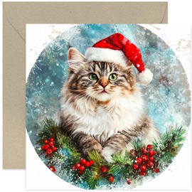 Xmas Cat Christmas Cards - Cat Artwork Greeting Card - For Cat Owner - For Mum Dad Grandad Granma Auntie - Cute Sweet Christmas Cards for Family - Luxury Card