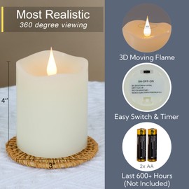 TECHLONG Flameless Candles Battery Operated with Remote Timer, 3D Moving Flame Flickering, Last 600+ Hours Battery Candles, 3" x 4" Ivory Real Wax Electric LED Candle for Wedding Party, Set of 2