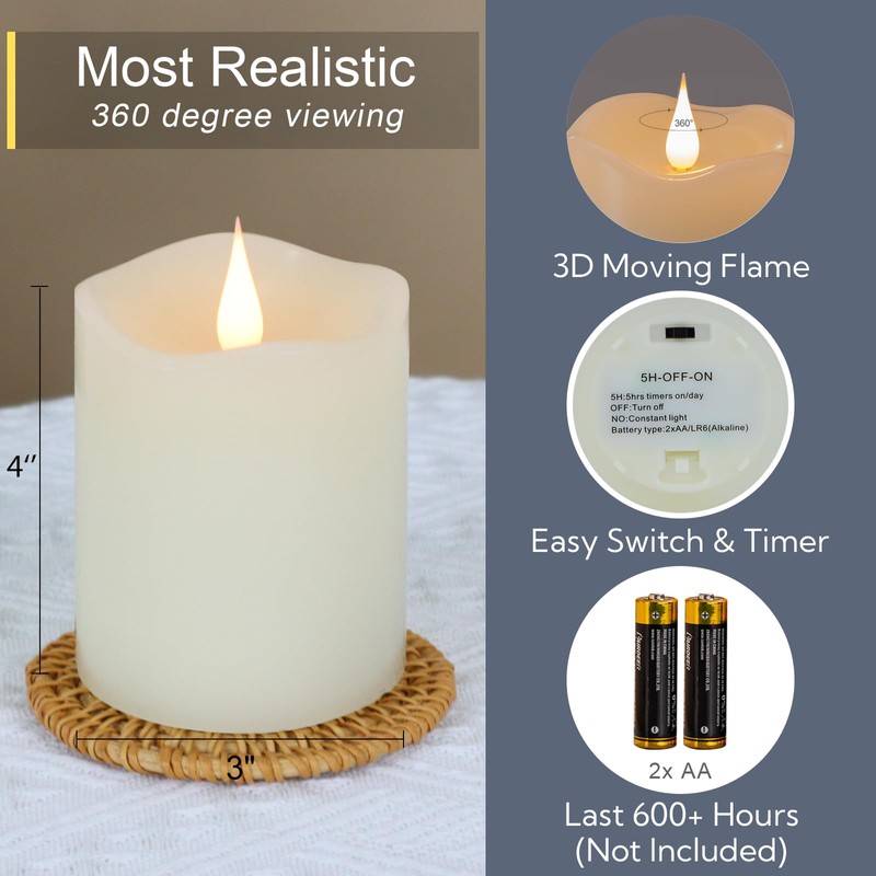 TECHLONG Flameless Candles Battery Operated with Remote Timer, 3D Moving