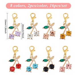 CHGCRAFT 16 Pcs 8 Colors Cherry Shoes Charms Cherry Shoelace Pendant Alloy Cherry Shoe Charms with Rhinestone and Lobster Claw Clasps Shoe Accessory for Boot Bag Keychain Decorations