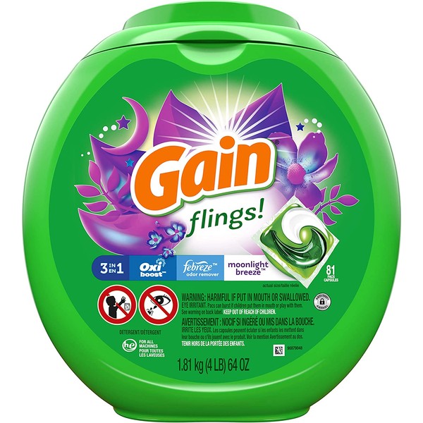 Gain flings! Laundry Detergent Pacs plus Aroma Boost, Moonlight Breeze Scent, HE Compatible, 81 Count (Packaging May Vary)