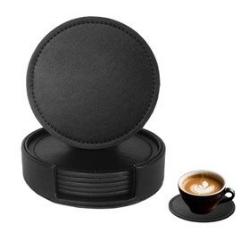 Bdfgh Set of 6 Leather Coasters with 1 Holder for Drinks, Drink Coasters Table Coaster Room/Kitchen/Living Room Accessories, for Cups Mugs Housewarming Gifts Home Decoration Green Navy Black (Black)