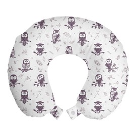 Ambesonne Owl Travel Pillow Neck Rest, Cartoon Style Illustration of Owls on The Branches Mysterious Woods Print, Memory Foam Traveling Accessory for Airplane and Car, 12", Eggplant White