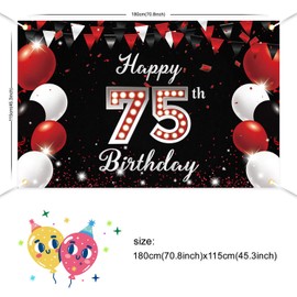 JOYKY Happy 75th Birthday Banner, Red Black Happy 75th Birthday Party Decorations for Men Women, 75 Year Old Birthday Supplies Backdrop Décor, 5.9 X 3.8 Fts