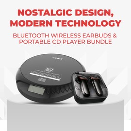 Coby CD Player Portable with Bluetooth & Wireless Earbuds, Wired Earbuds, FM Radio, AUX, MP3 Anti-Skip CD Player for Home, Car, Rechargeable Ear Buds, Lightweight