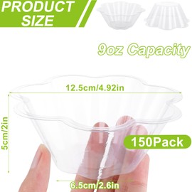 150 Pack Plastic Ice Cream Bowls, 9Oz Clear Flower Appetizer Cup, Plastic Dessert Serving Bowl for Serving, Weddings, Catering, Parties, Ice Cream, Home or Event Party Supplies