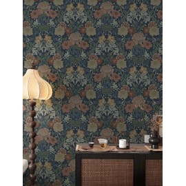 Safiyya Peel and Stick Wallpaper Vintage Floral Wallpaper Dark Blue Contact Paper 17.3"×78.7" Boho Self Adhesive Removable Wall Paper for Bedroom and Bathroom Vinyl Rolls