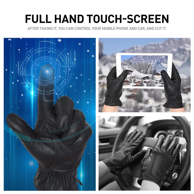BISON DENIM Winter Genuine Sheepskin Leather Gloves for Men, Touchscreen