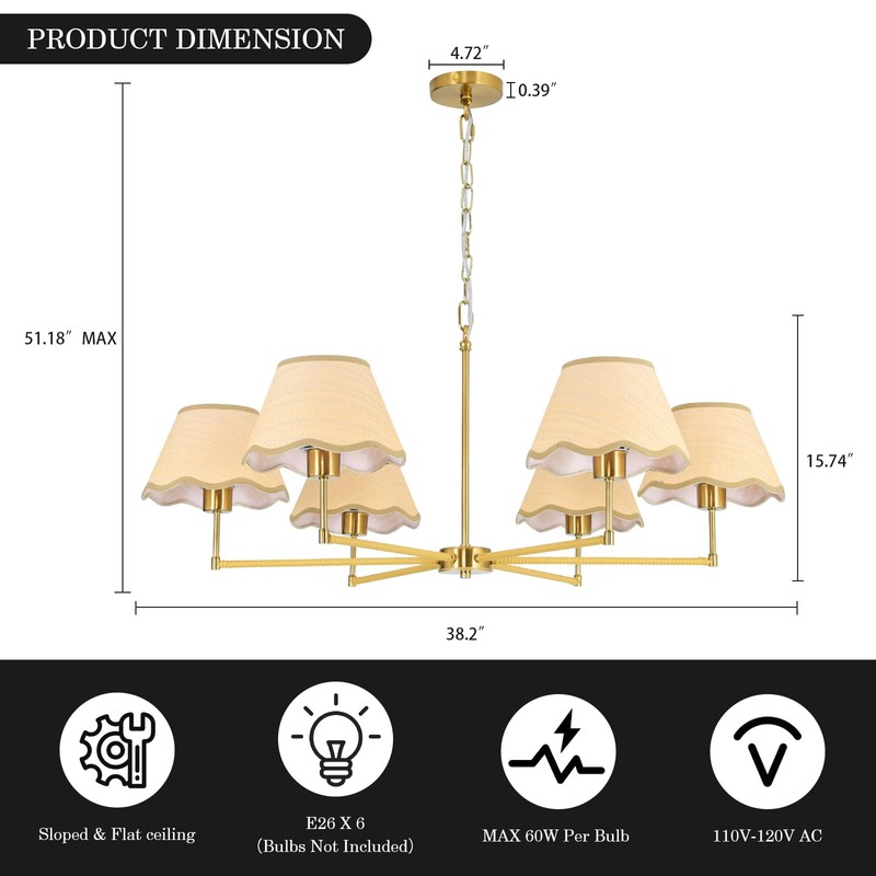 KUSSCO 6-Light Boho Rattan Chandelier 39″ Rattan Pendant Light with
