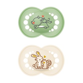 MAM Original Dummies, from 16 Months, Pack of 2, Delivered in Sterilisation Box, Sustainable Materials, Baby Accessories, Cream (Various Designs)