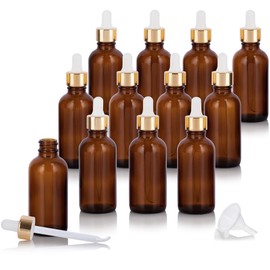 2 oz Amber Glass Boston Round Bottle with Gold Metal and Glass Dropper (12 pack) + Funnel